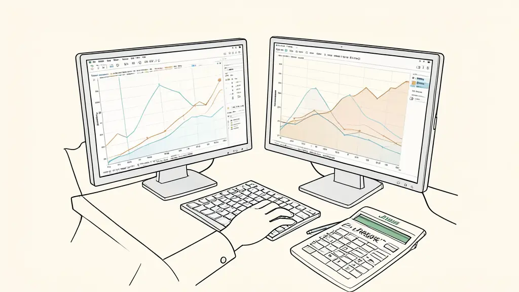 trader reviewing a futures equity curve on two monitors, calculator beside a handwritten drawdown table, evening home office