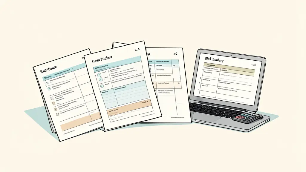 trader comparing five rule sheets beside a laptop, calculator showing a risk budget, printed checklist with marked boxes