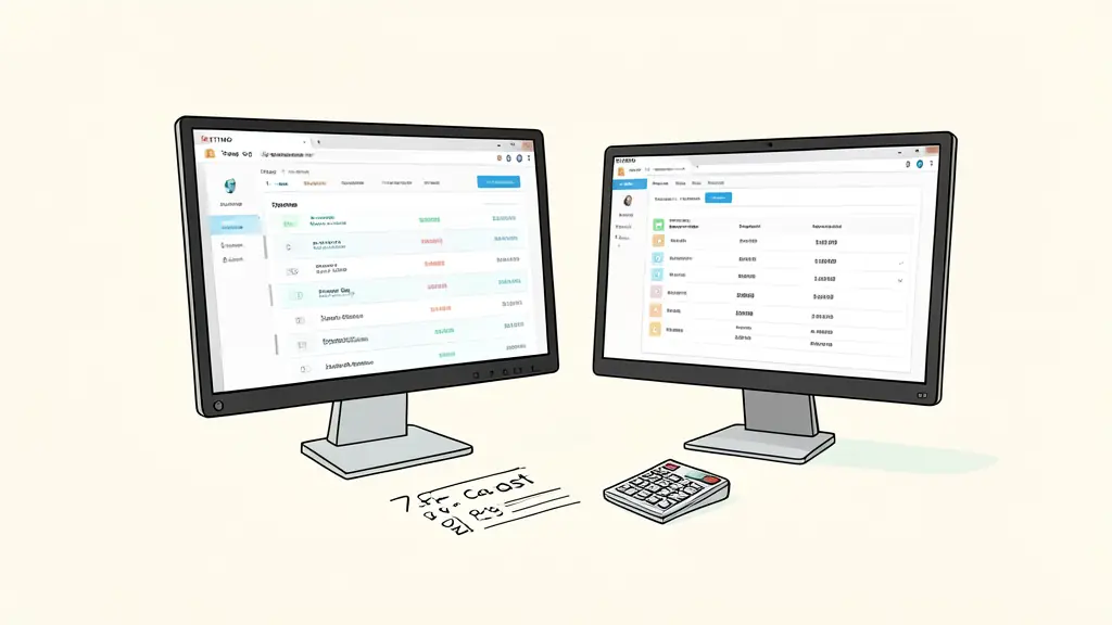 trader comparing an FTMO pricing page and a Topstep pricing page on two monitors, calculator beside a written seven-cost checklist