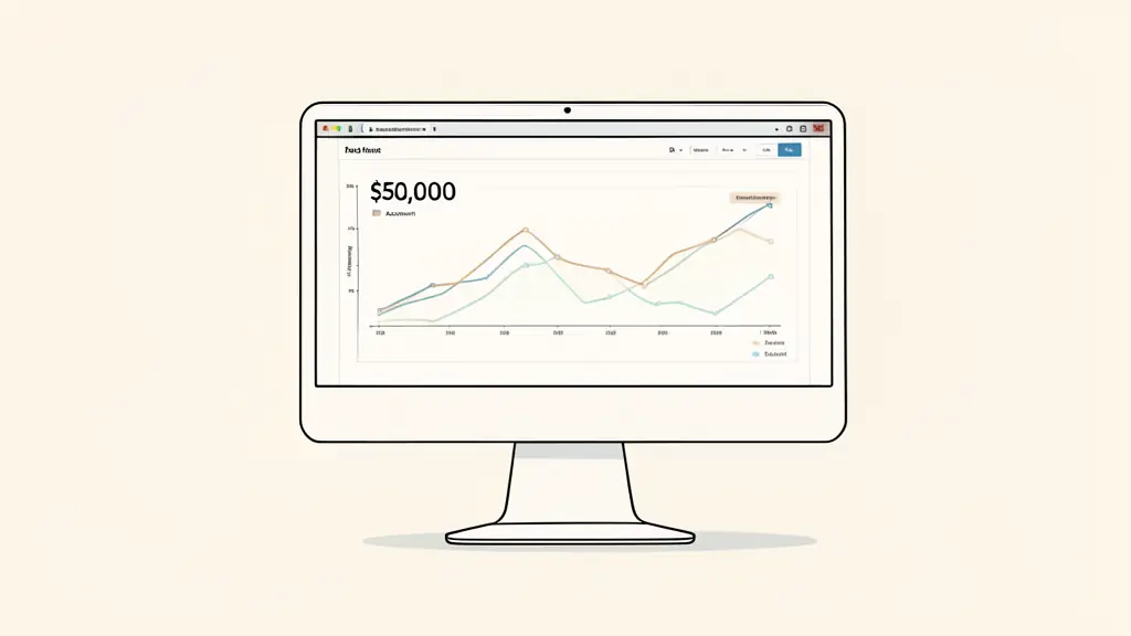 trading workstation showing a $50,000 account, an equity curve and a narrowing drawdown buffer on screen