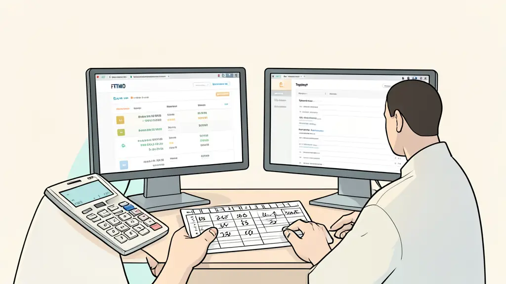 Trader comparing an FTMO pricing page and a Topstep rules page on two monitors, with a calculator and handwritten cost table on the desk