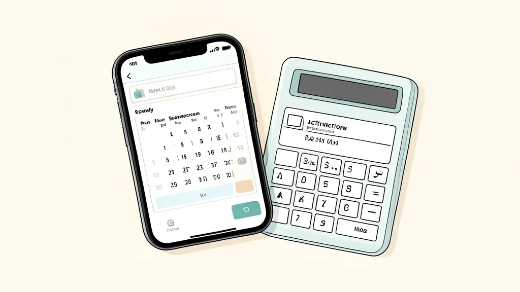 Close-up of a payment screen beside a calculator, showing a monthly subscription calendar and a checklist for activation and market data fees, without visible text or logos