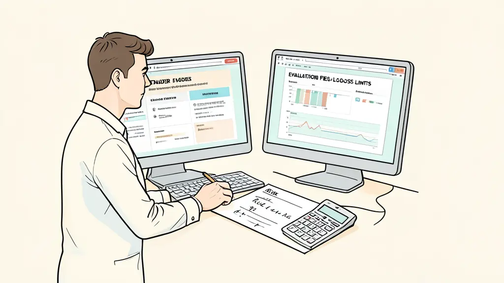 Trader comparing evaluation fees and loss limits on two monitors, calculator beside a handwritten risk plan