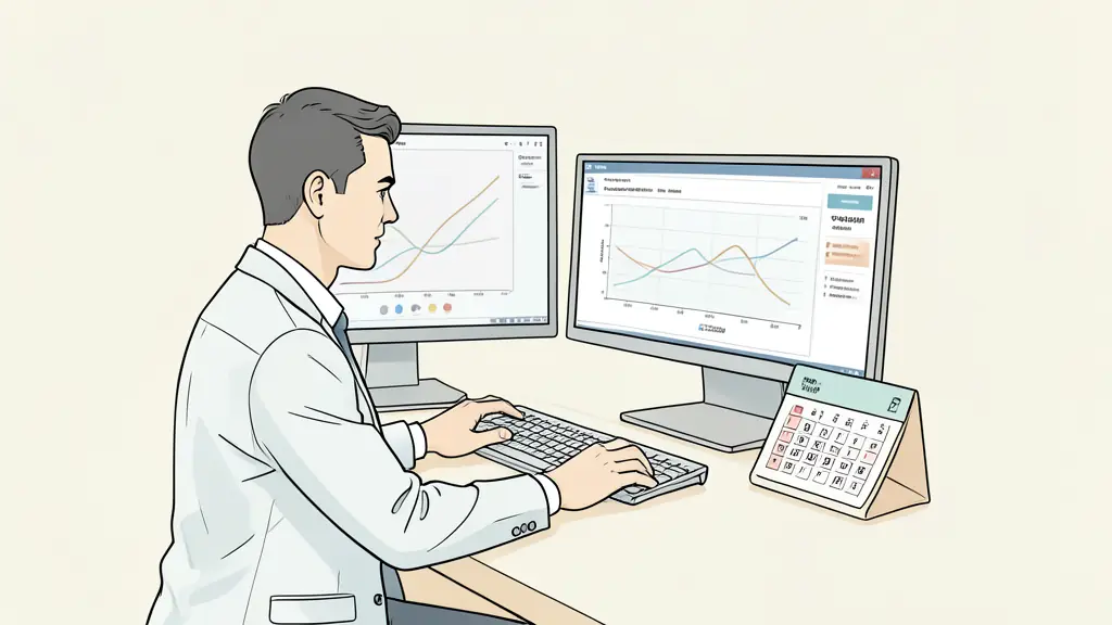 A futures trader reviewing an evaluation performance curve on dual monitors, a calendar beside the keyboard, and a payout request screen, editorial photography, no text or logo