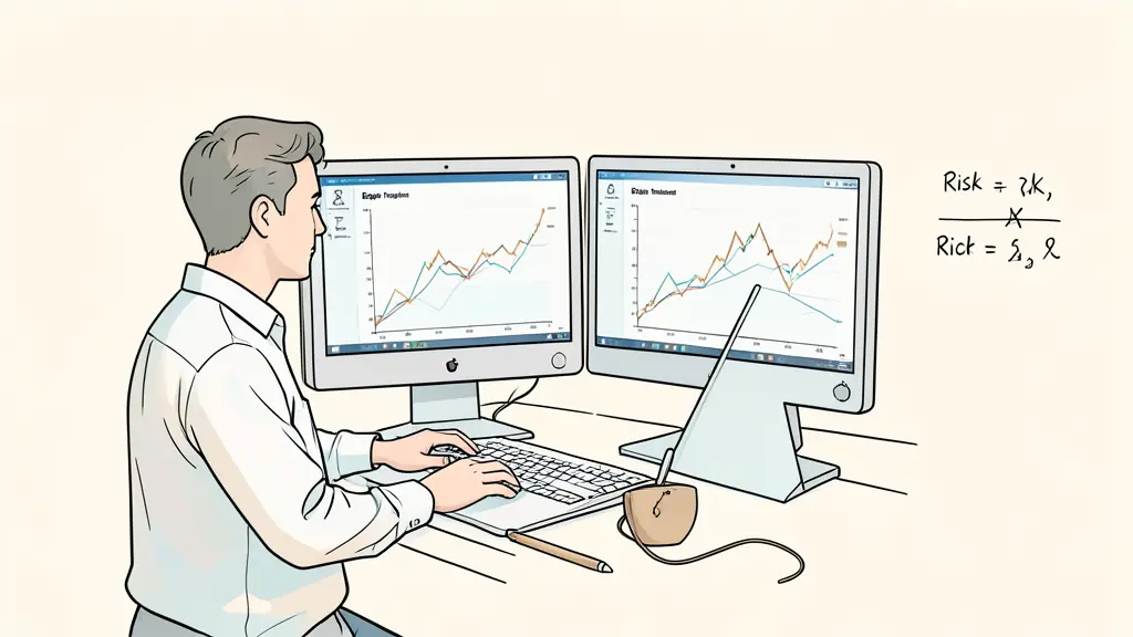 A trader studying a rising equity curve and moving risk threshold on two monitors, with a futures chart and handwritten risk formula nearby, editorial photography, no text or logo