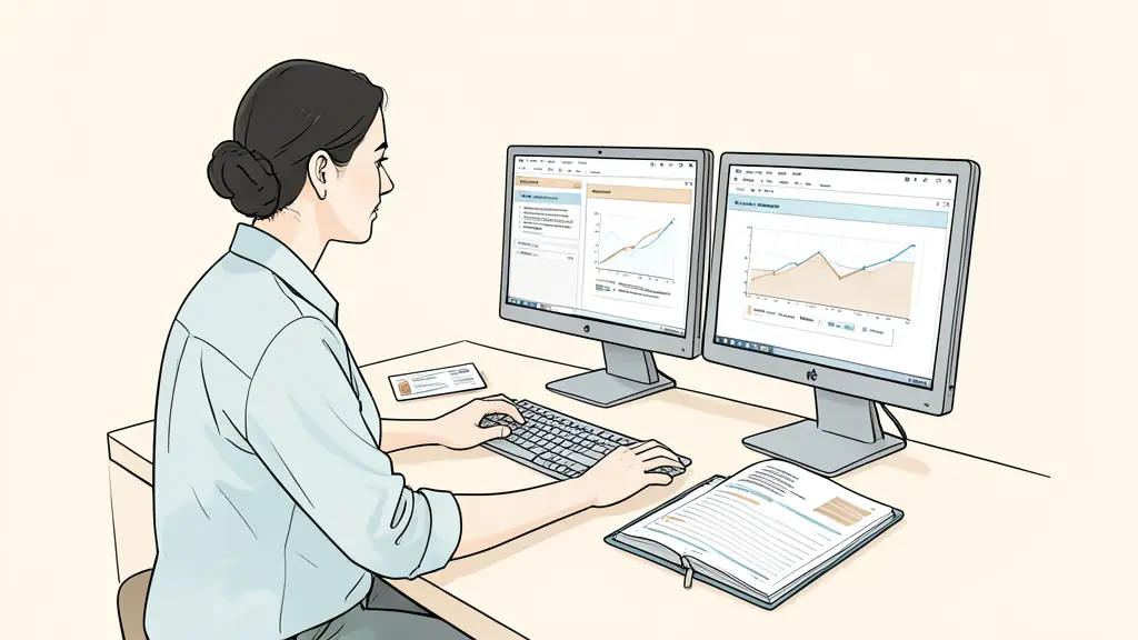A trader reviewing an evaluation workflow on two computer monitors, an identity document beside the keyboard, and a risk journal open on the desk, editorial photography, no text, no logo