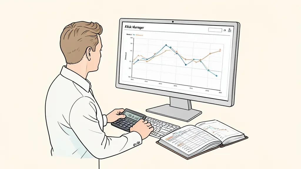 A risk manager studying an equity curve and drawdown chart on a monitor, a calculator showing a loss formula, and an open trading journal with position limits, editorial photography, no text, no logo