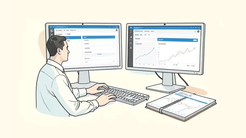 Futures trader comparing two provider checkout pages on dual monitors, platform selection menus visible without readable text, trading journal beside the keyboard