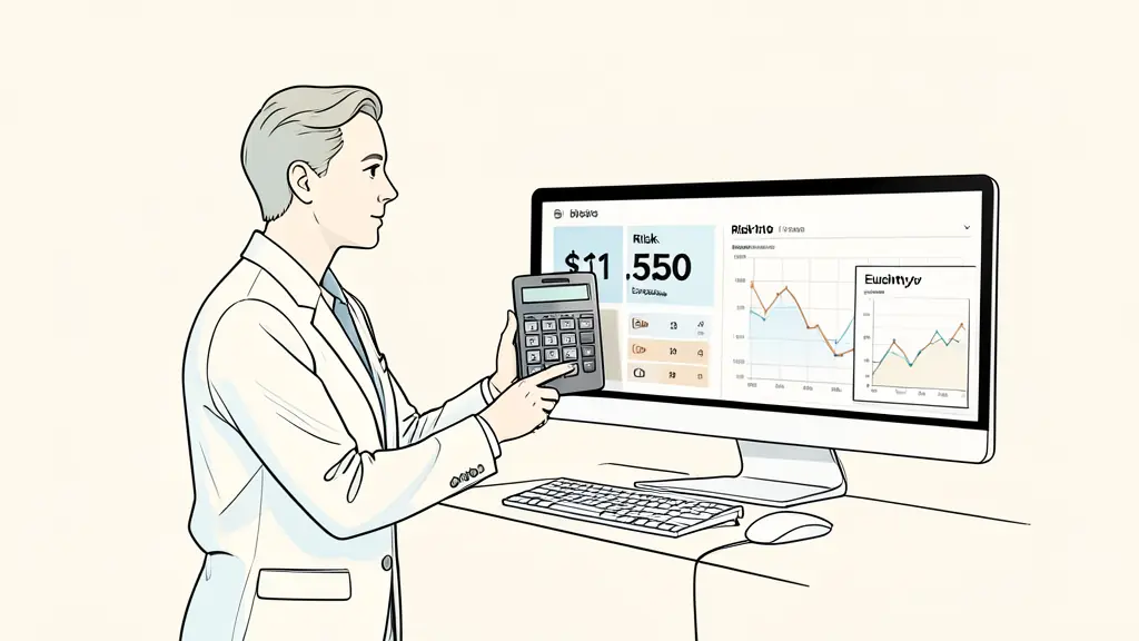 trader reviewing three open positions, risk calculator showing a $1,500 exposure, computer displaying an equity curve